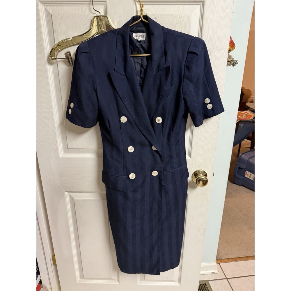 90s Kasper For ASL Blue Suit Dress Small 6 Double Breasted Stripe 34w 43L Career